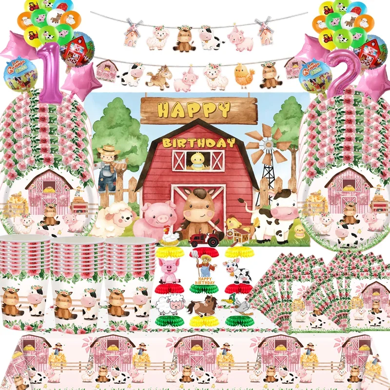 

New Pink Farm Animals Theme Party Disposable Tableware Cup Plate Tablecloth Balloon Banner Girl Birthday Party Decorations
