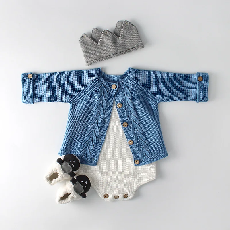

Spring Autumn Infant Baby Girls Knit Long Sleeve Button Coat + Rompers Clothing Sets Toddler Girls 2pcs Suit Clothes
