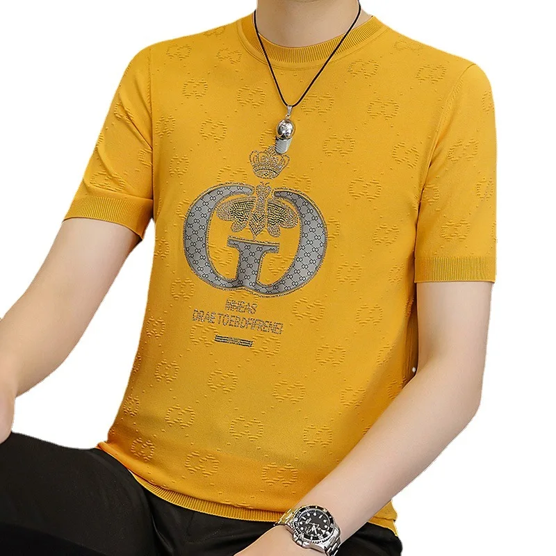 

2023 Summer Men's Solid Color Ice Linen Knitted T-shirt Round Neck Pullover Thin Half Sleeve Youth Fashion Slim Fit Short Sleeve