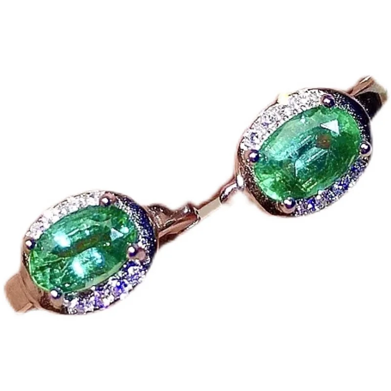 Серьги-кольца женские из серебра 925 пробы с изумрудами 4 Х6 мм