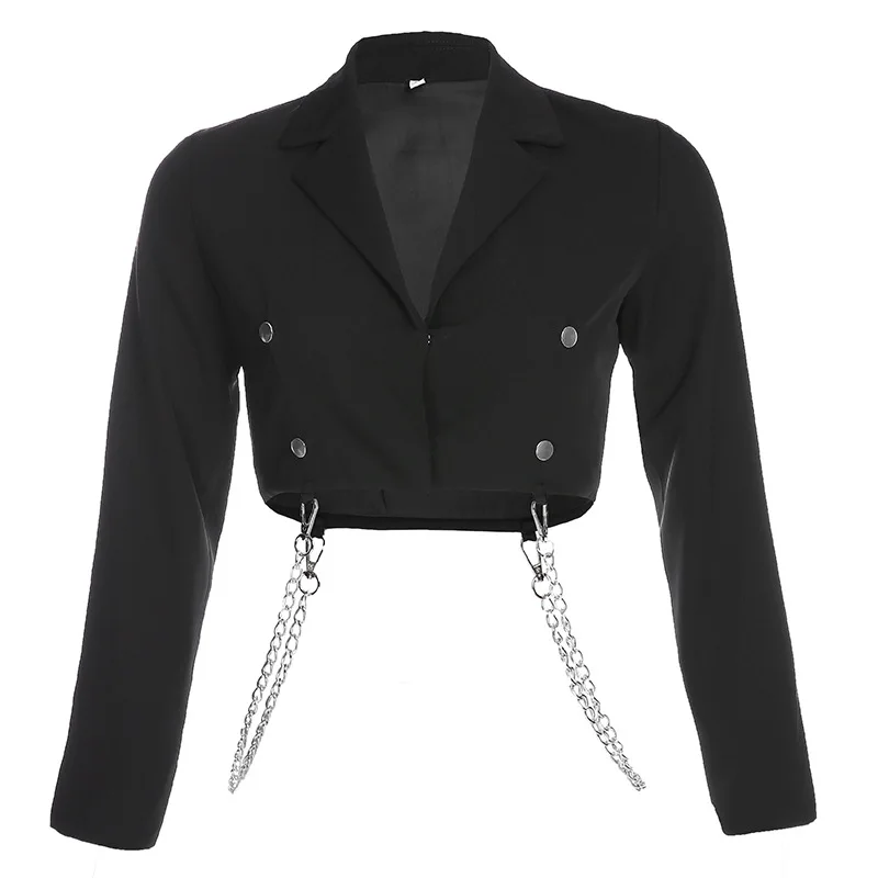 Women Gothic Chain Short Blazer Solid Color Single Breasted Short Suit Street Indie Fashion Punk Clothing Cool Girl Blazer Suits