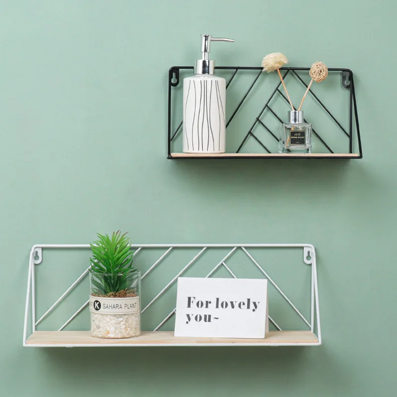 

Wooden Iron Wall Shelf Punch-free Wall-mounted Storage Rack Hanging Kitchen Bedroom Organizer Holder Wall Decoration Shelves
