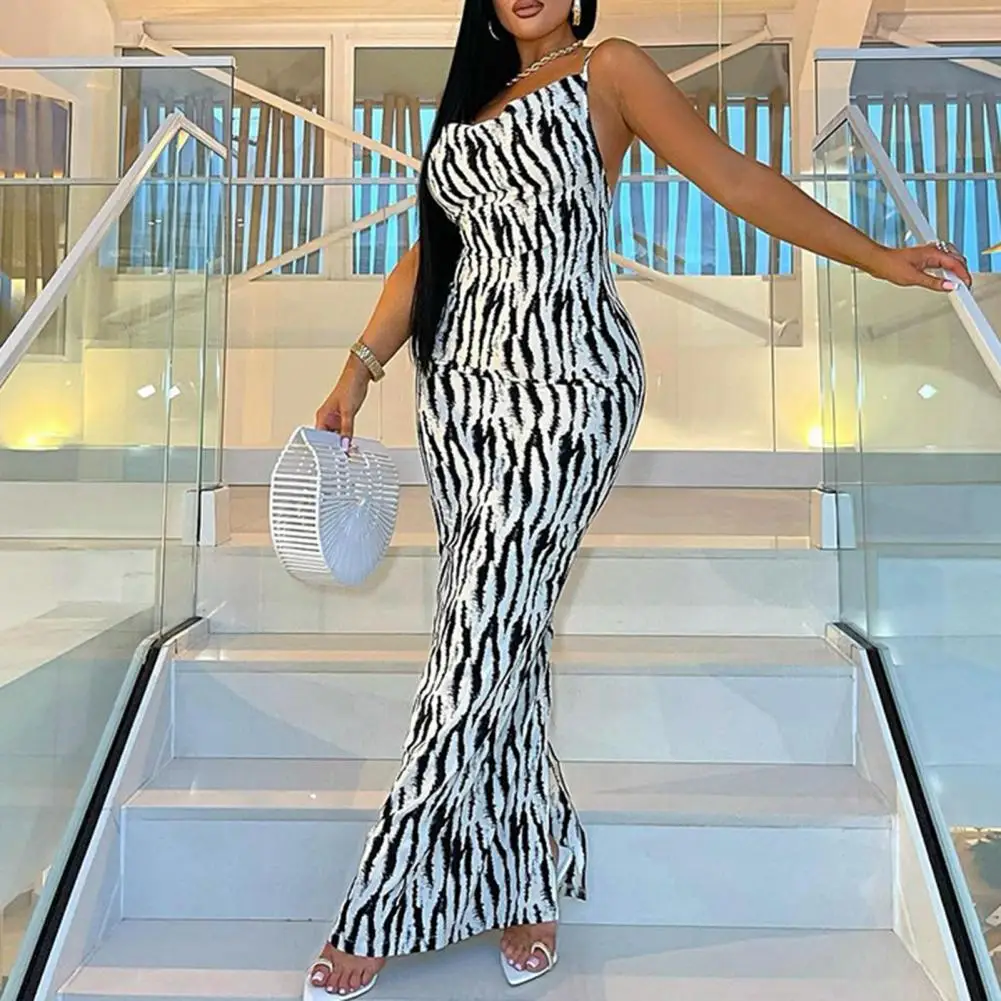 

Women Dress Off-shoulder Beach Dress Sling Zebra Pattern Slip Dress Shirring Slim Party Dress V Neck Casual Dresses For Dating