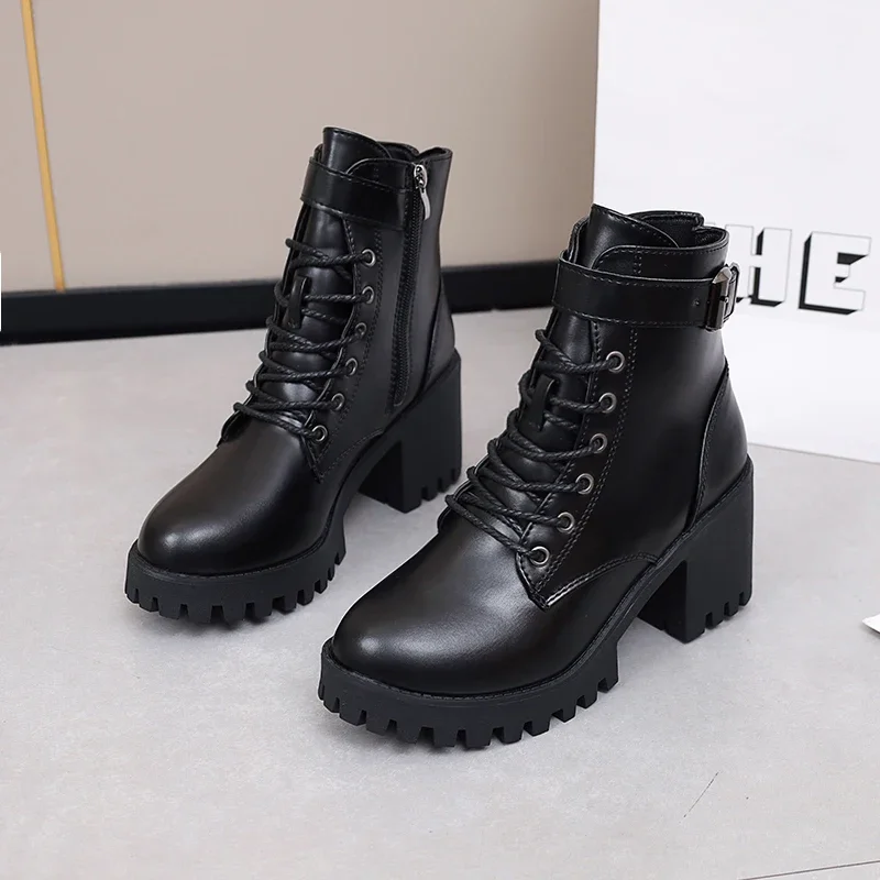 

2023 Winter New Women Boots Plush Warm Shoes for Women Fashion Leather Lace-up Thick Heel Motorcycle Boots Female Zapatos