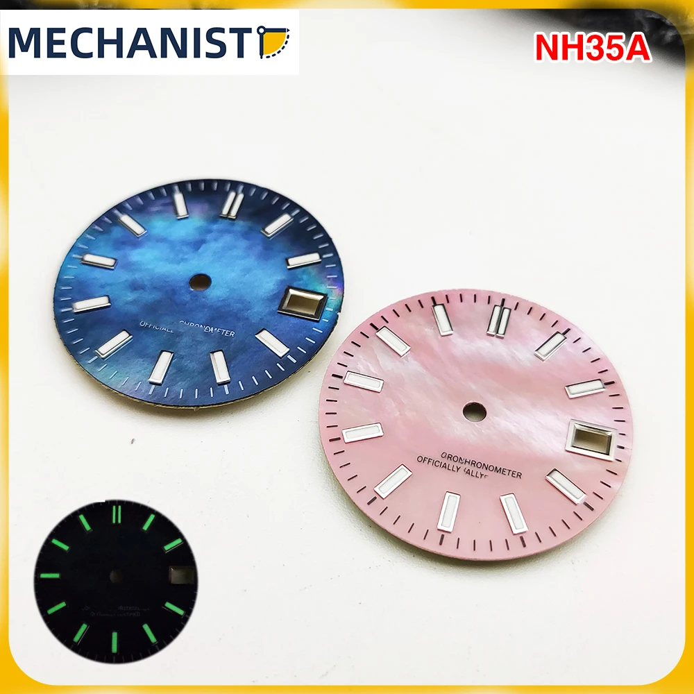 

Mechanic - Men's Watch Modified 28.5mm Dial Green Luminous Blue Pink Fritillary Dial for NH35/36/4r Caliber Case