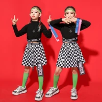 kid kpop hip hop clothing mock neck cross crop top long sleeve t shirt streetwear checkered skirt for girl dance costume clothes
