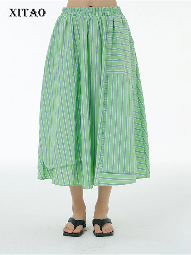 

XITAO Striped Skirt Fashion Women Elastic Waist Irregular Small Fresh Casual Style Minority 2022 Summer Loose Skirt WMD6895