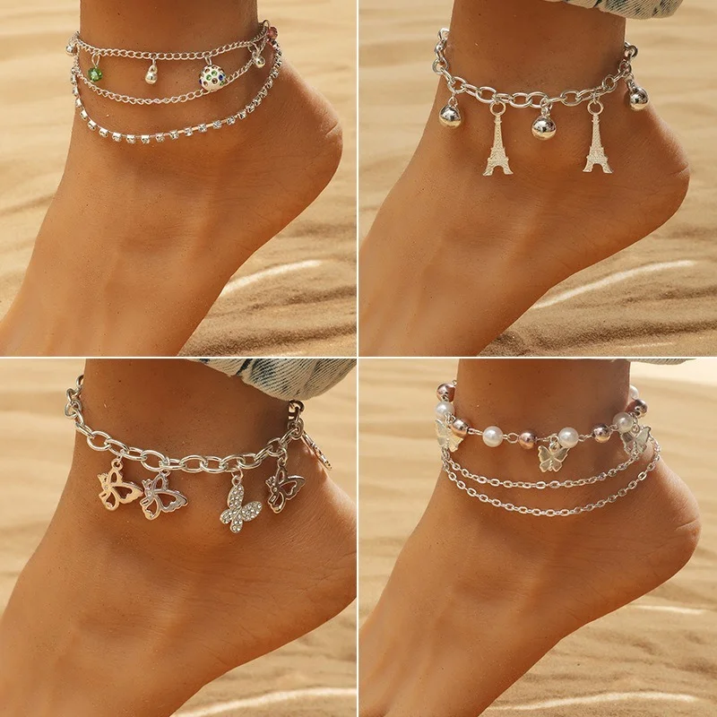 

Multilayer Butterfly Pearl Pendant Anklet For Women 2022 Summer Beach Boho Ankle Chain Accessories Creative Pulsera Para Tobillo