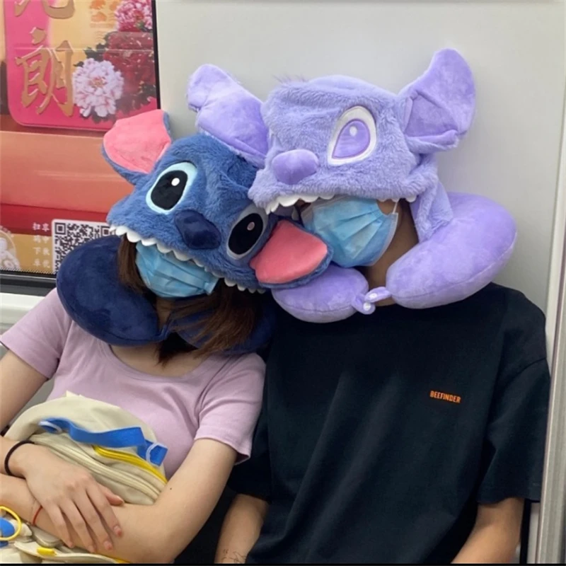 

Disney Cute Stitch Hooded U-shaped Neck Pillow Cartoon Stuffed Anime Travel Hat Pillow Alien Nap Pillow Gifts For Girl