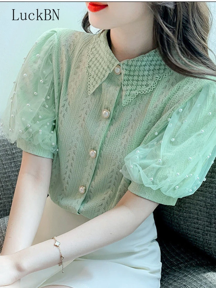 

Women's Fashion Lapel Beading Puff Sleeve Lace Oversized Shirt Summer New Sweet Tops Loose Chic Female Clothing Commute Blouse