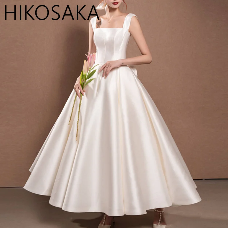 

Vintage Short Tea Length Wedding Dresses Simple Scoop Neck Ball Gown Satin Reception Women Second Wedding Bridal Gowns 2023