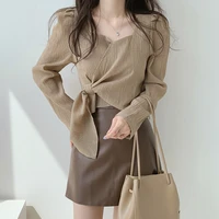 2022spring womens luxury korean style two piece set office casual square neck long sleeve lace up shirt sexy short skirt suit