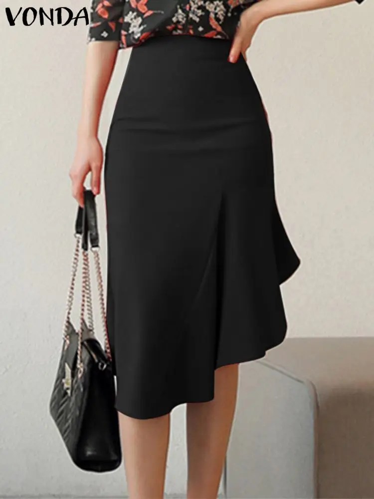

VONDA Fashion Long Skirts 2023 Women High Waist Elegant Party Skirt Casual Solid Color Pleated Zipper Loose Vintage Midi Bottoms