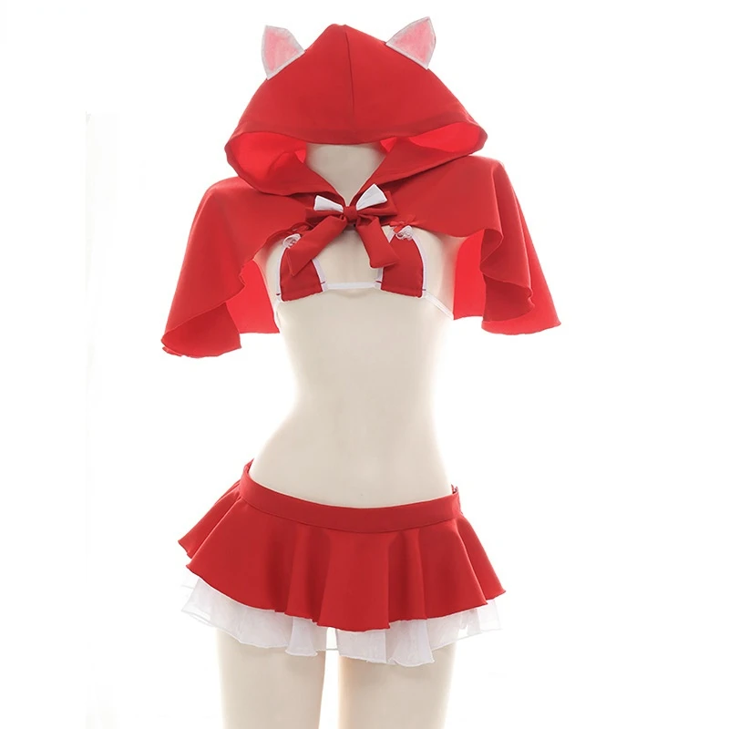 Christmas Role Play Little Red Riding Hood Underwear Swimsuit Costume Women Sexy Hooded Cloak Lingerie Pajamas Cosplay