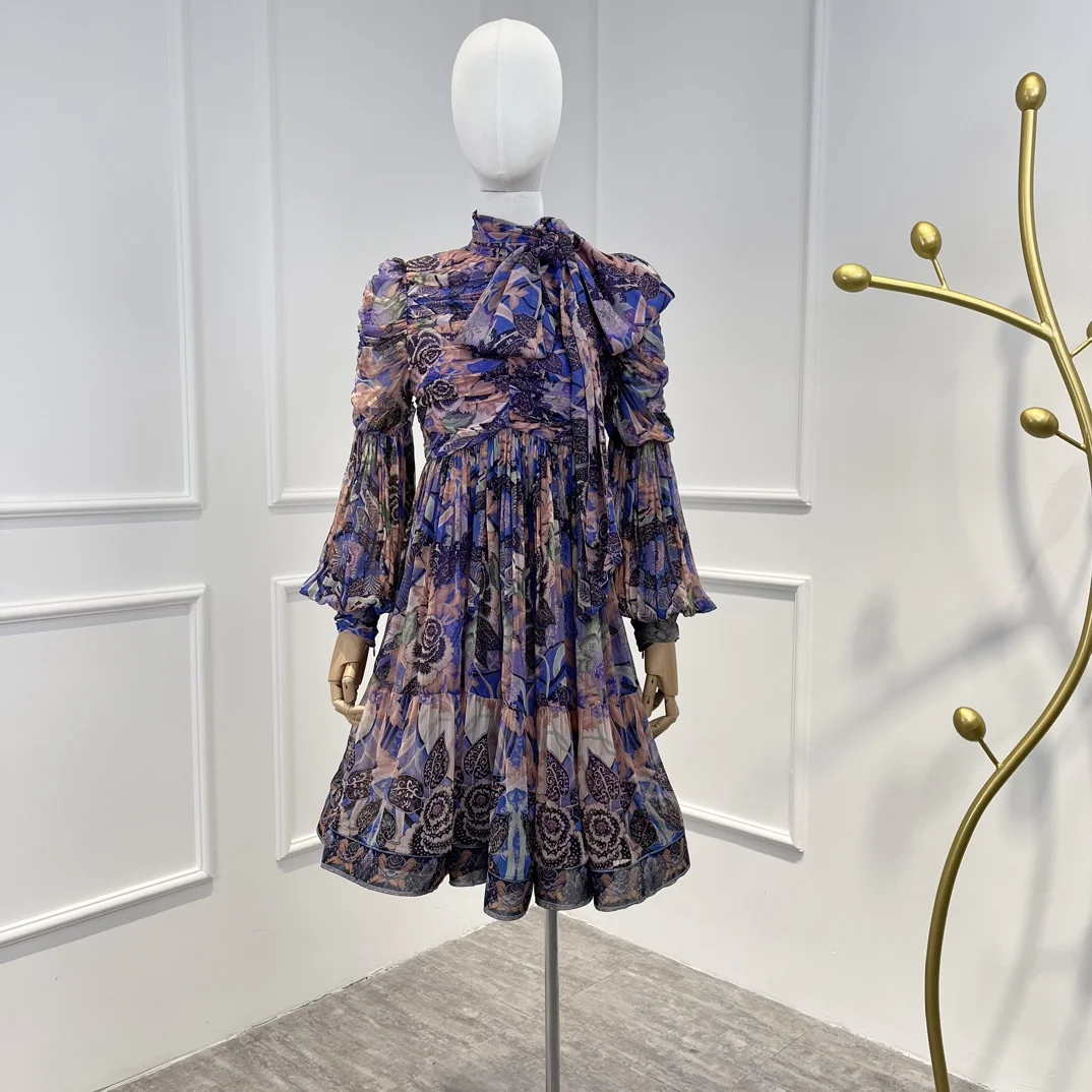 

2022 Autumn Top Quality Purple Floral Printing Knee Length Dress Women