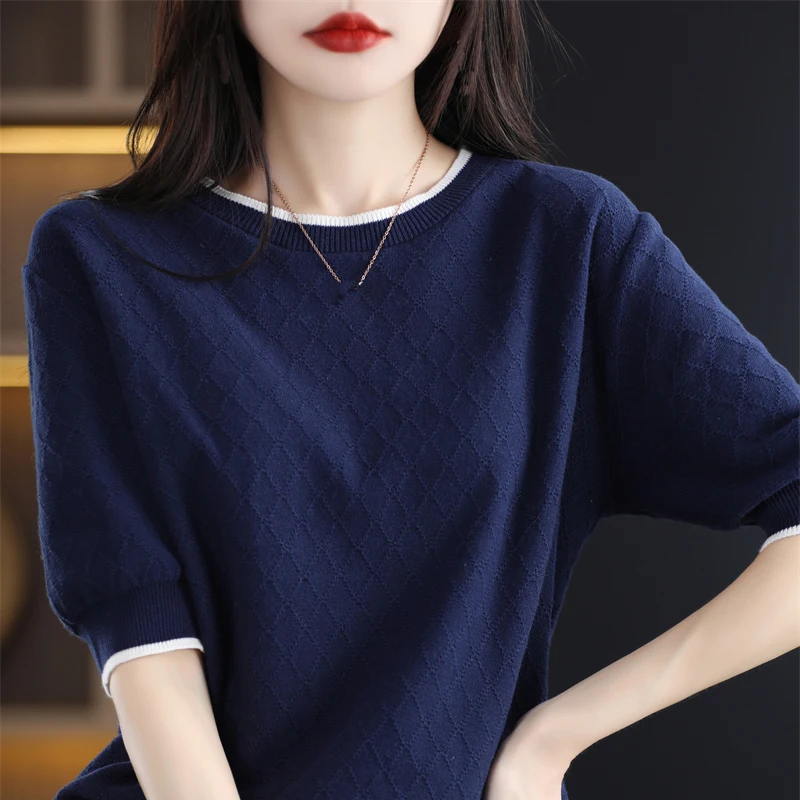 Женский свитер с круглым вырезом и коротким рукавом блузка однотонный