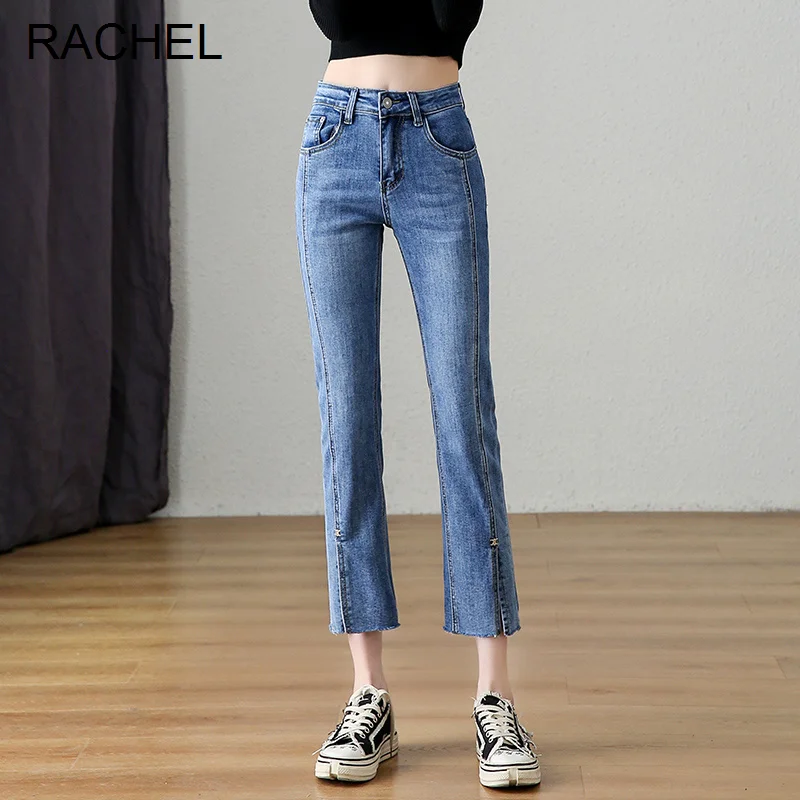 

Женские удлиненные джинсы, эластичные брюки-ботинки большого размера с разрезом спереди, укороченные осенние брюки с завышенной талией