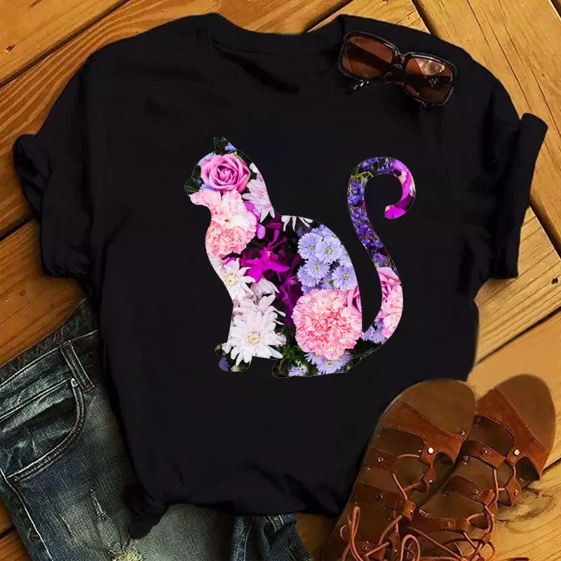 

2022NEW Women Fashion T-shirt Floral Flower Cat Print Tops Female Ladies Short Sleeve Cartoon Shirt Tee Woman Cute Graphic Tee T