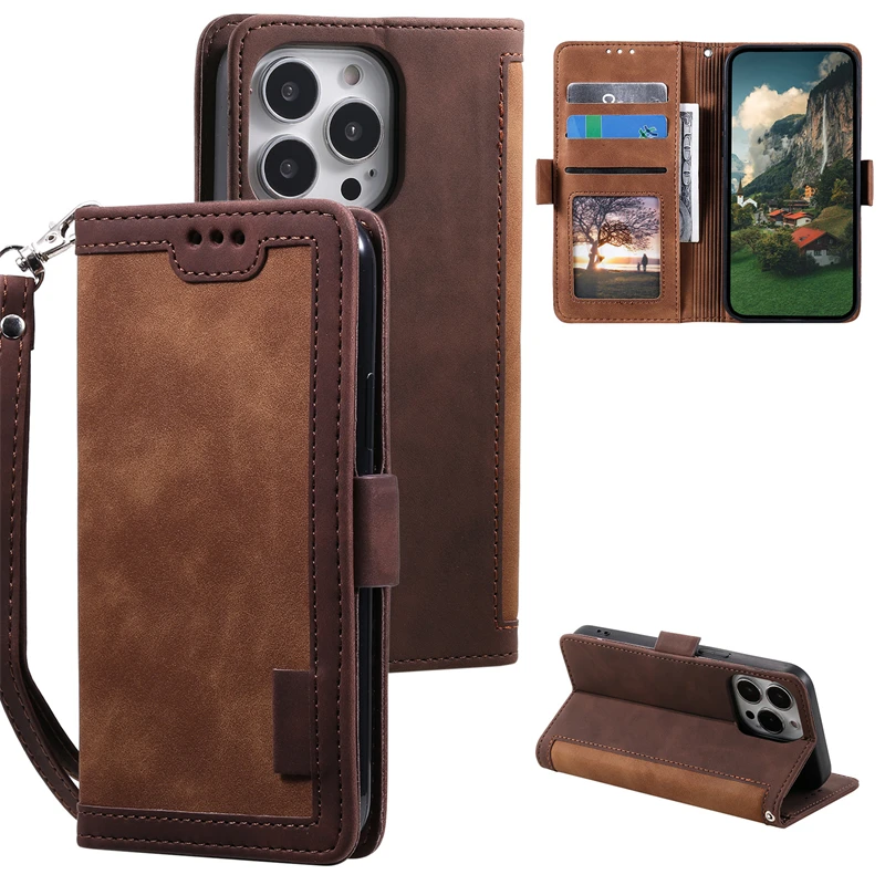 

Hand Strap Leather Case For iPhone 14 13 12 Mini 11 Pro XS Max XR 7 8 6 6s Plus SE 2020 2022 Wallet Flip Card Slots Phone Cover