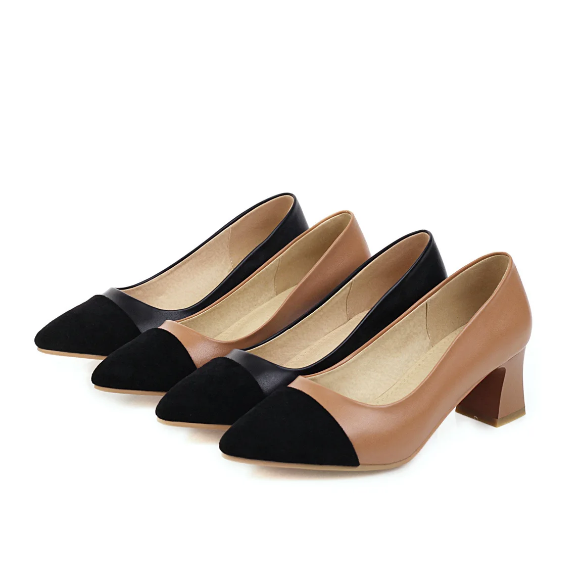 

Women Newest Square Heel Pumps Mixed Colors Yellow and Black Pointy Toe Zapatos Wide Fits Stilettos For OL Lady High Quality PU