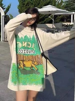 deeptown korean fashion graphic oversized hoodies women harajuku animal print sweatshirts loose casual tops chic hip hop grunge