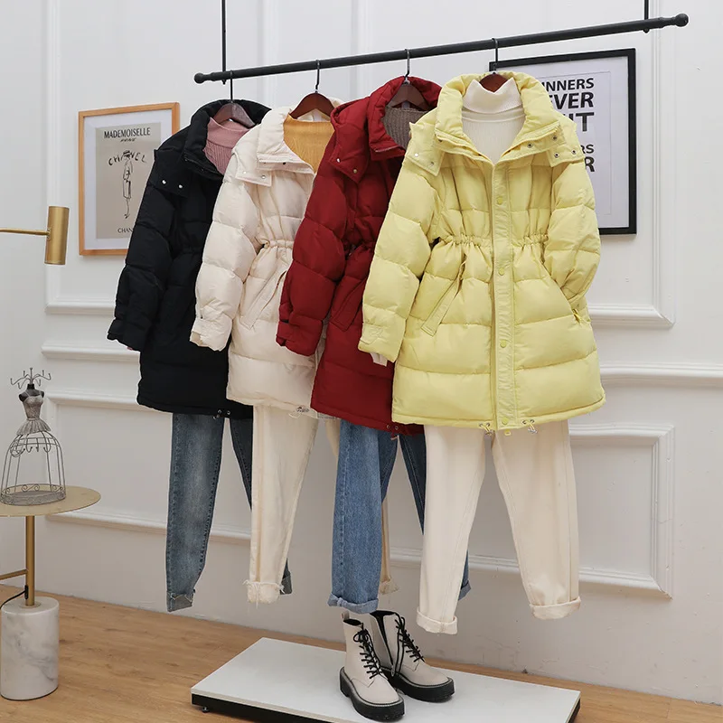 

Women's Long Fashion Down Jacket Winter Elastic Waist White Duck Down Coats Office Ladies Sweet Thick Loose Hooded Padded Coats