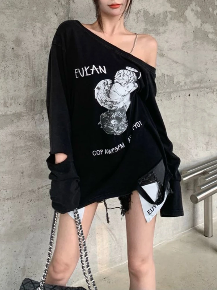 

Deeptown Y2k Aesthetic Graphic Off Shoulder Black T-shirts Women Gothic Harajuku Hollow Out Long Sleeve Tee Korean Oversize Tops
