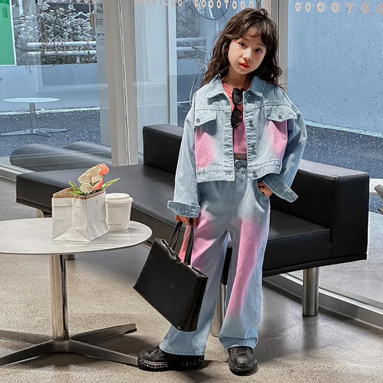 Джинсовый костюм для девочек-подростков корейский Костюм контрастной расцветки