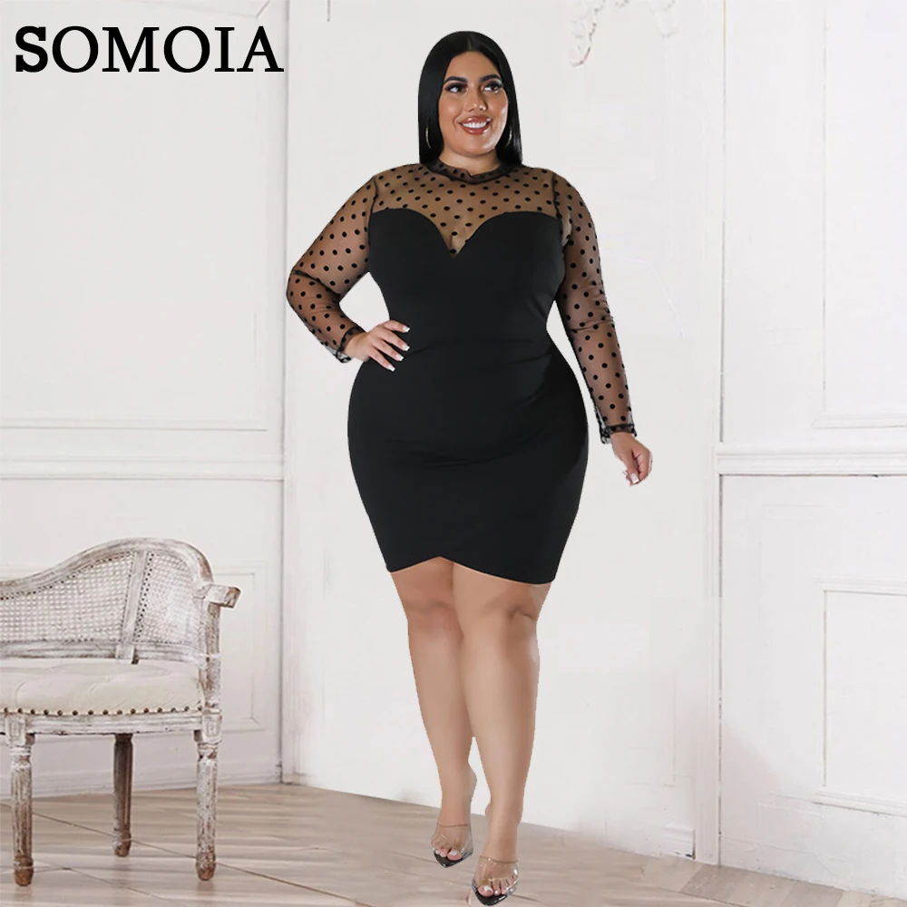 

SOMOIA Plus Size Dresses Wholesale Dropshipping Stitching Mesh Perspective Mini Skirt Sexy Night Club Party Slim Fit Dress