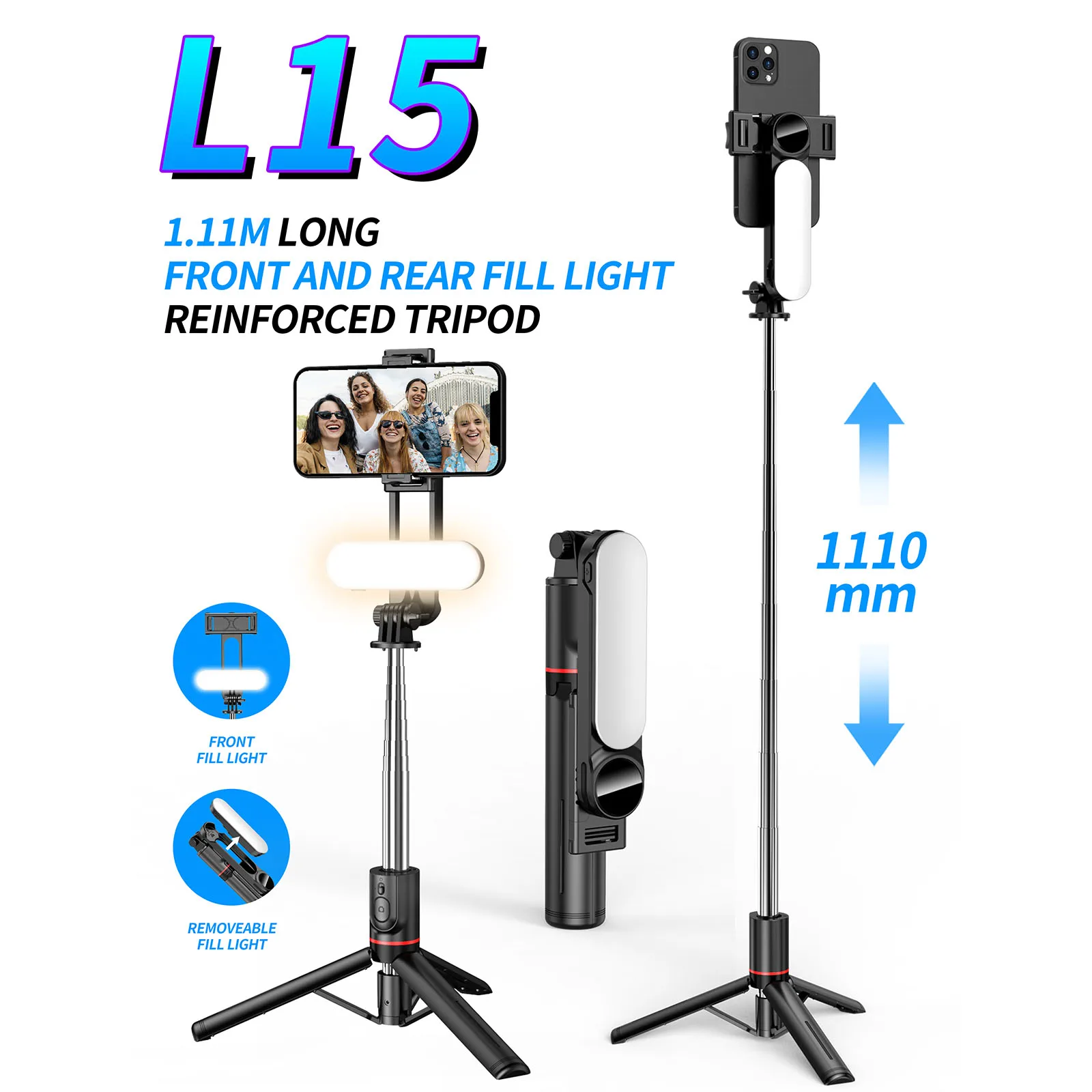 

Селфи-палка L15 со стабилизатором и съемным заполняющим светом, складной штатив с дистанционным управлением для Huawei, Xiaomi, Iphone 14, 13