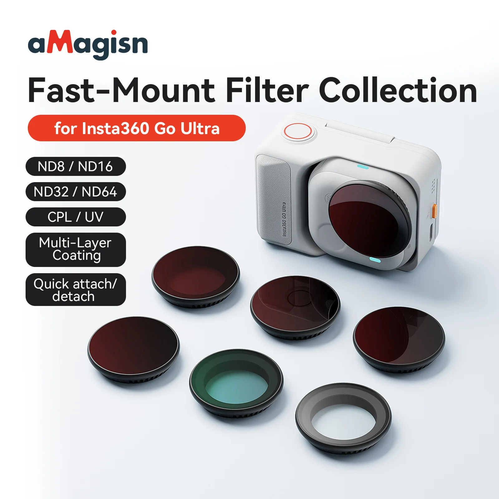 Фото Набор фильтров для объектива aMagisn Go Ultra Camera Fast-Mount UV CPL ND8 ND16 ND32 ND64 HD Filter Защитная крышка Insta 360 Go Ultra №1