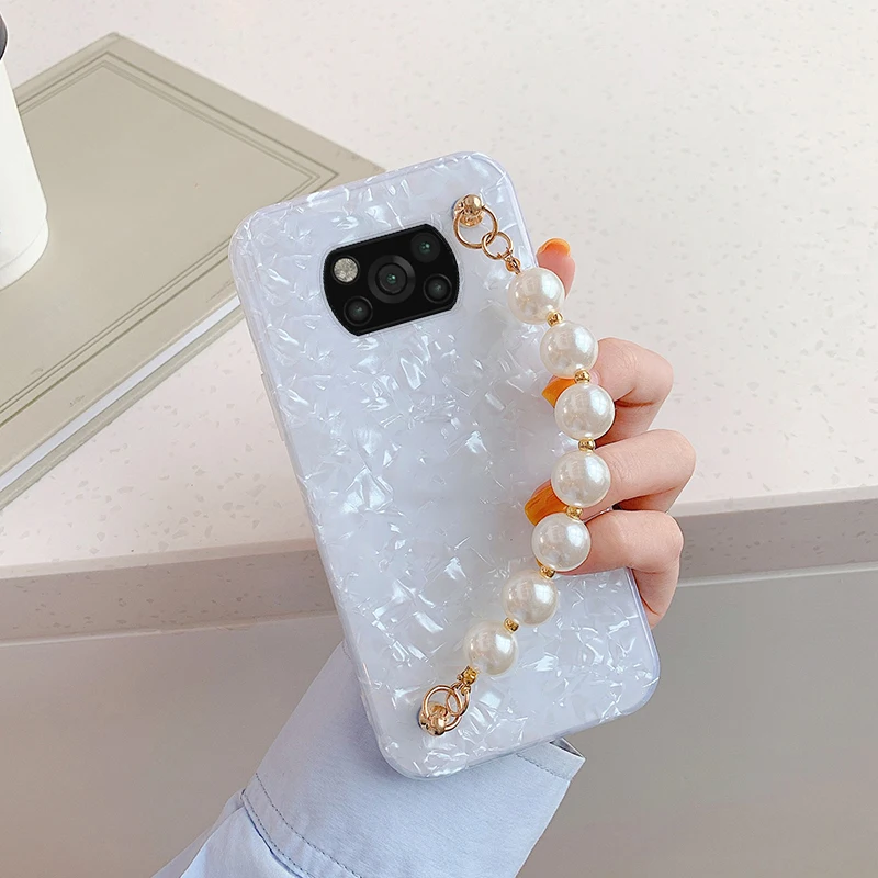 Luxury Shell Pearl Bracelet Case For Xiaomi POCO X3 NFC X3Pro M3 M3Pro M4Pro 11Lite 10T F3 9T Wrist Strap Cover For Redmi Note11