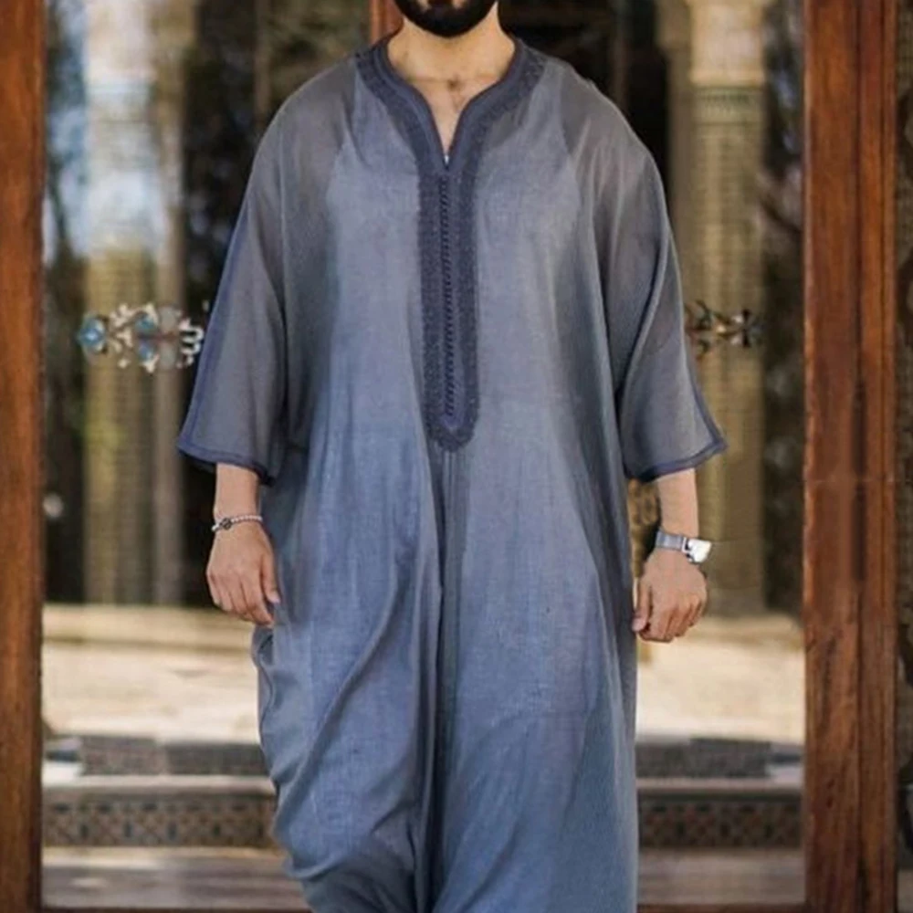 New Eid Ramadan Muslim Fashion V Neck Caftan Robe Sets 2023 Abaya Men Retro Modern Casual Loose Solid Color Islamic Clothing