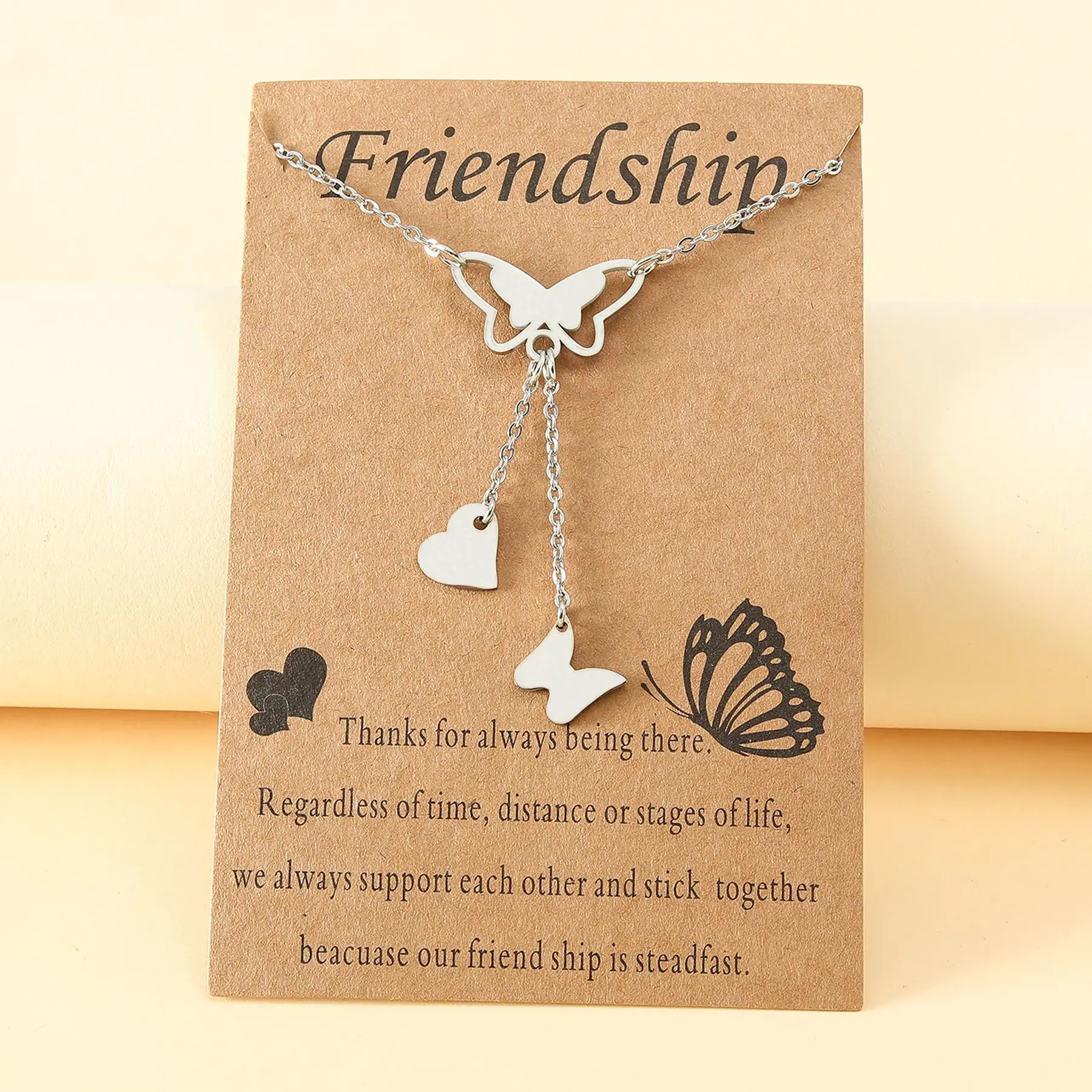 

Korean Fashion Cute Butterfly Pendant Friendship Necklace for Women Stainless Steel Hollow Heart Mom Daughter Family Choker Gift
