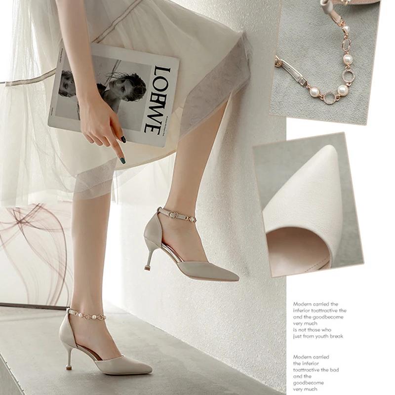 

2022 Summer High Heels Women's Stiletto Pointed Toe Girl High Heel Leather All-match Sexy Cat Heel Single Shoes Rivet Sandals