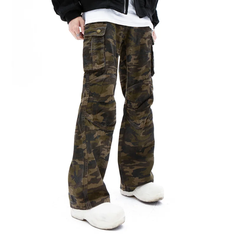 Streetwear Men Vintage Hip Hop Baggy Camouflage Cargo Pants Versatile Temperament Straight Cylinder Jeans 2022 Winter New Female
