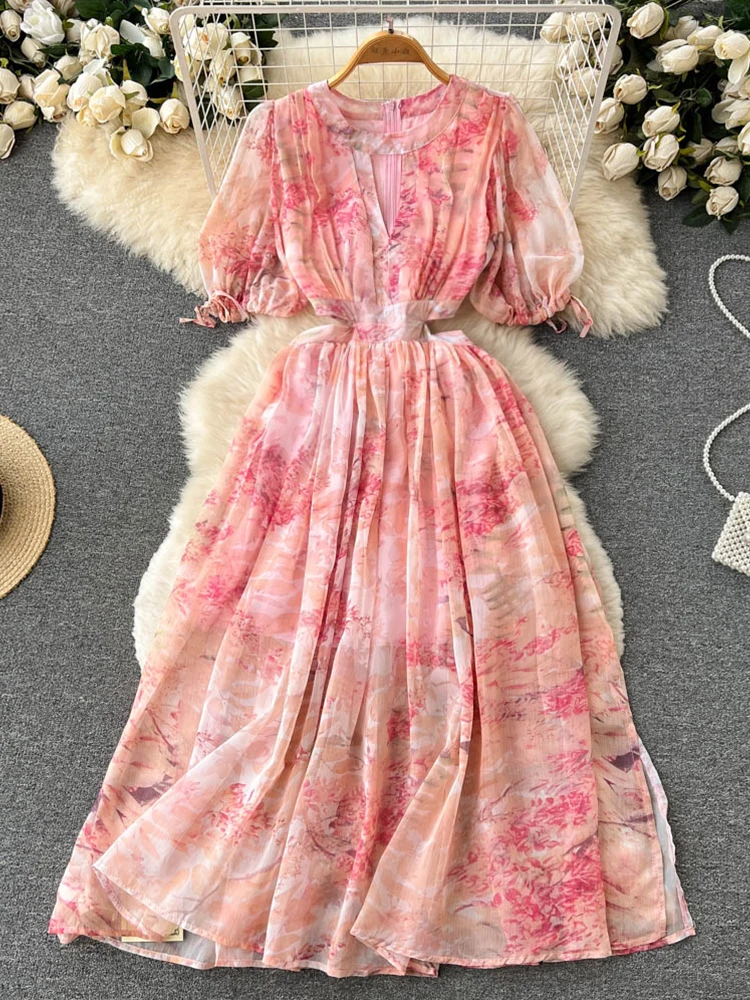 

FTLZZ Summer Elegant Women V-neck Puff Sleeve Floral Print Dress Casual Lady Empire Slim Split Dress Holiday Beach Dress
