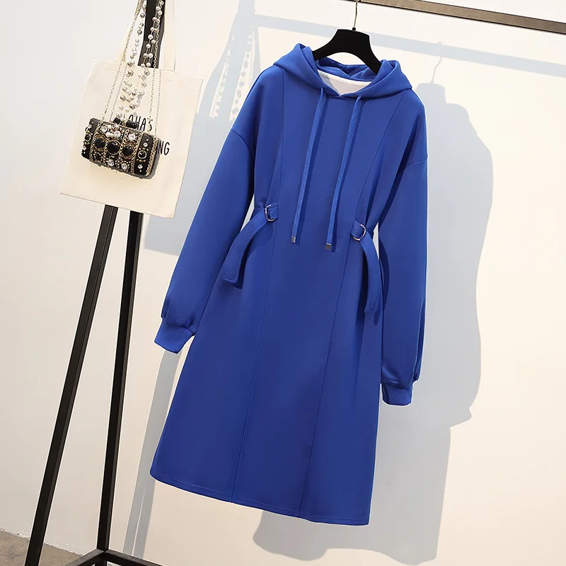 

Женская одежда 2022, модное женское платье с карманами на талии, синее платье с длинным рукавом и капюшоном, элегантное женское Повседневное п...