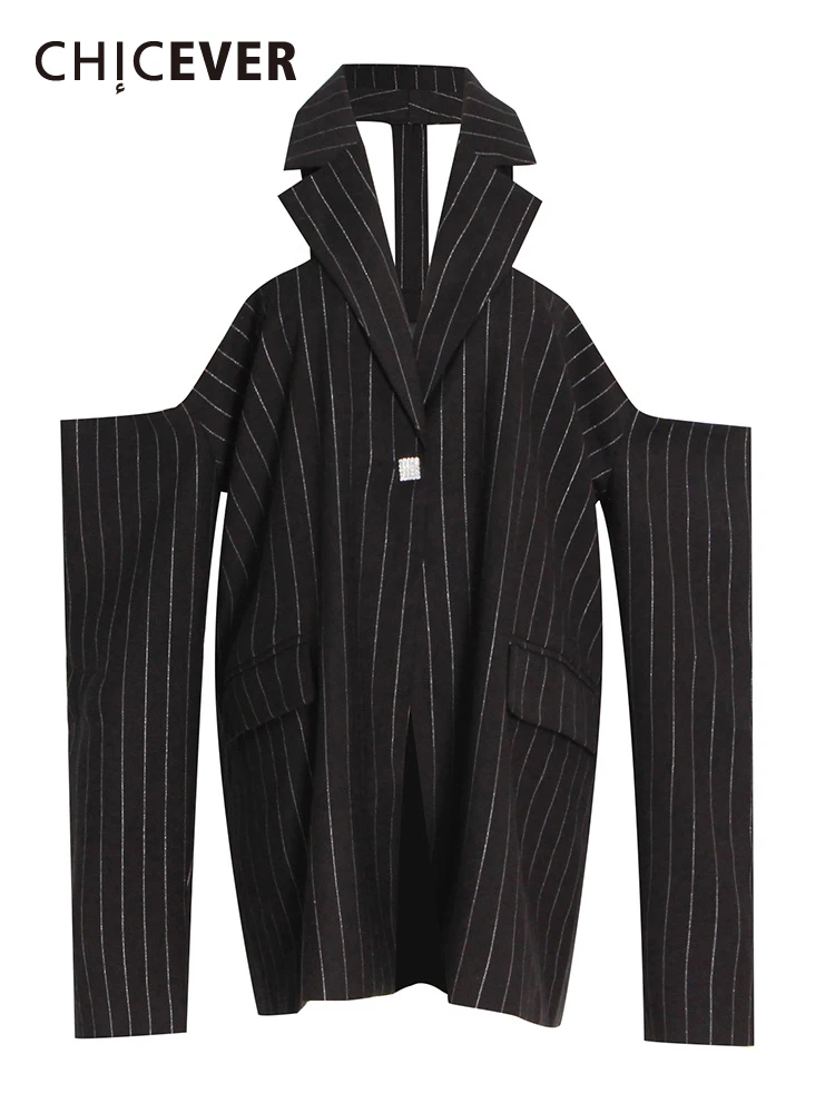 

CHICEVER Striped Off Shoulder Blazer For Women Lapel Long Sleeve Backless Patchwork Diamond Casual Blazers Female Fashion New