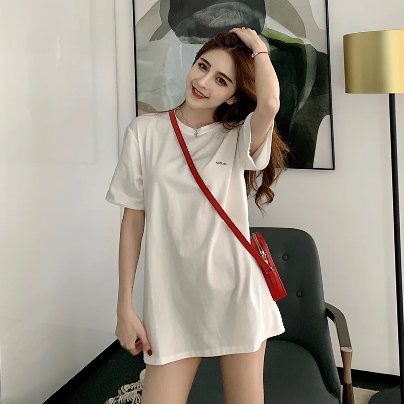 2020 korean vestido student t-shirt dress summer women short sleeve solid color midi dresses white black clothes casual office