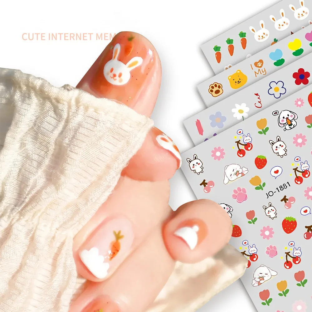 

3Sheets New Kawaii Nail Art Stickers Cute Cartoon Bunny Flower Bear Carrot With Adhesive Nail Decals DIY Manicure Decorations