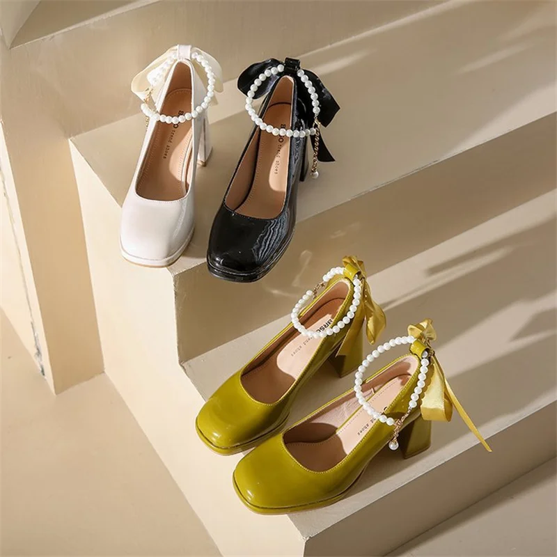 Ladies High Heels Elegant Bow Square Toe Black Fashion Women's Pumps Thick Heel Wedding Party Pearl Lace Wedding Shoes for Women