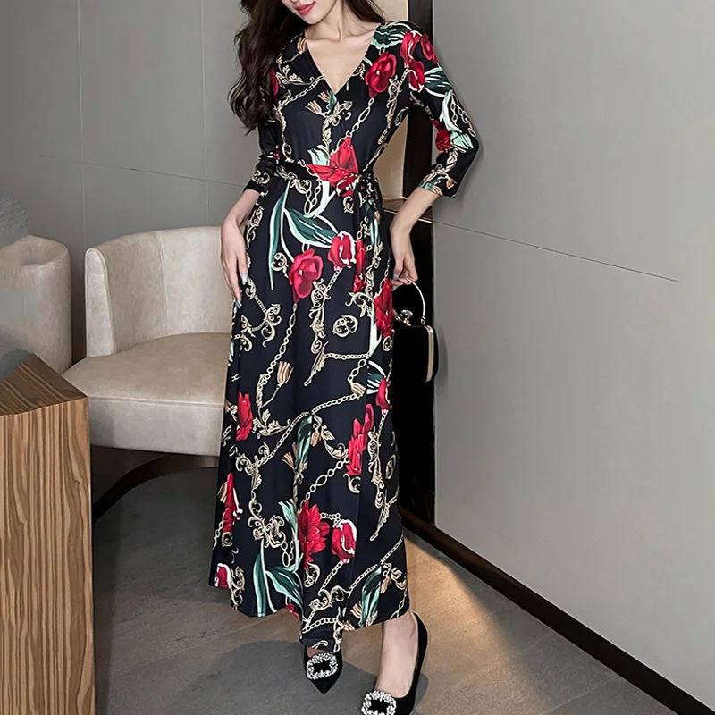 

Summer outfits for Women's Autumn Rose Chain Print Maxi Dress Wrap V Neck Cocktail Party Long Ankle-Length Dresses with Slit