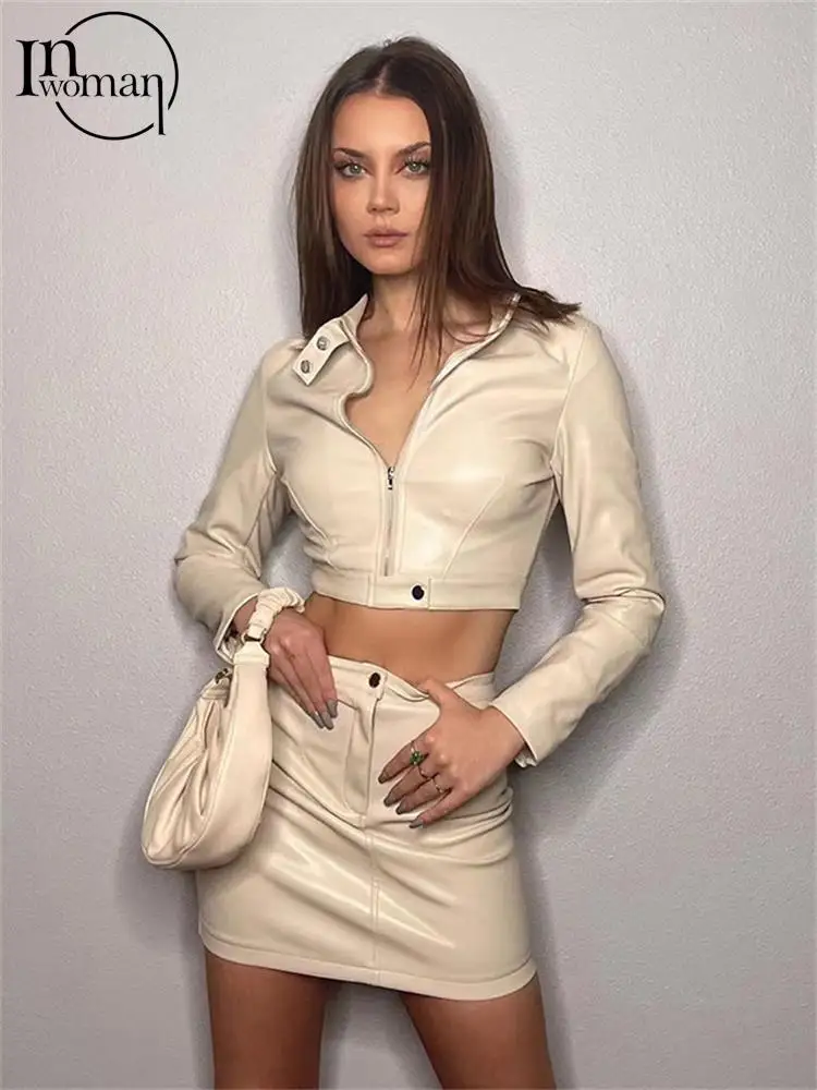 

Женский костюм-двойка из искусственной кожи, с длинным рукавом и молнией