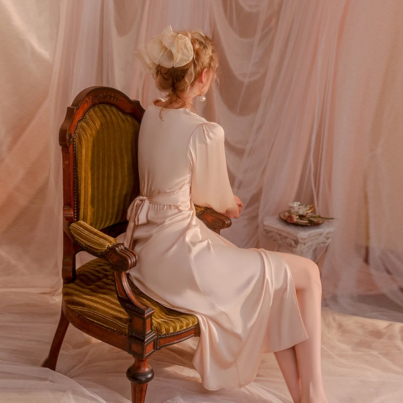 French Princess Sleepwear Sexy Bow Ice Silk Temptation Long Dress Romantic Nightdress Women's Home Clothes Slit Nightgown