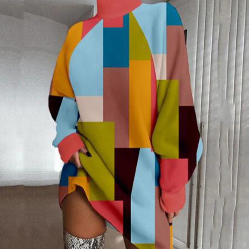 

Female Fashion Long Sleeve Loose Mini Dress Women Elegant Commute Knee Dresses Spring 2023 Printed Turtleneck Pullover Dress