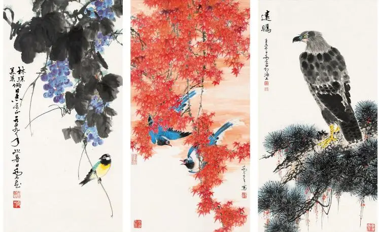 

MT0325 Chinese Style Red Maple Twinkle grape bird landscape Print Art Canvas Poster For Living Room Decor Home Wall Picture