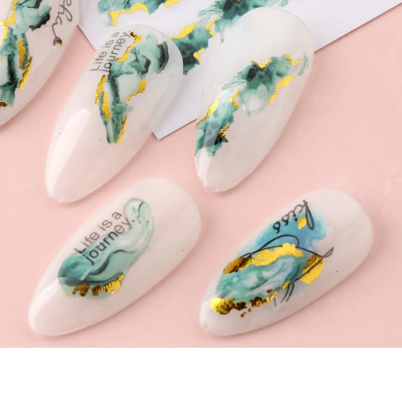 Nail Art Decals 3D Gold Marbles Blue Green Grey Blooming Smokes Dyes Back Glue Nail Stickers Decoration For Nail Tips Beauty images - 6