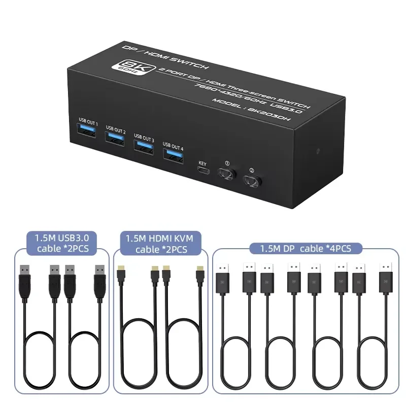 Фото FJ-8K203DH FJGEAR Новинка: 2-портовый селектор USB3.0 DisplayPort 7680*4320/60Гц 8K DP/KVM коммутатор для трех мониторов №2