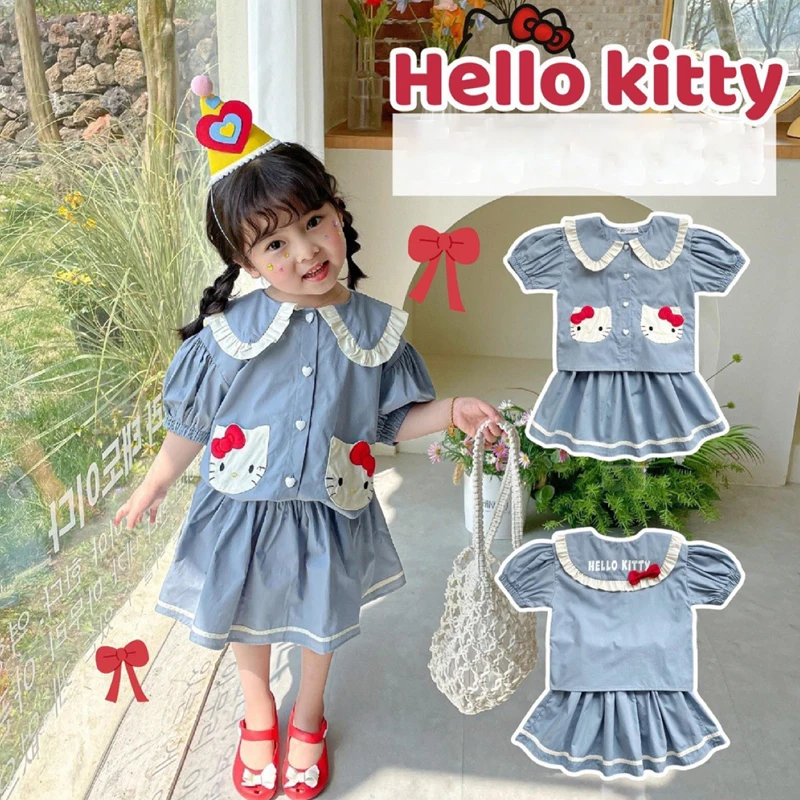 

Kawaii Sanrio Anime Hellokittyed Summer New Girls Pleated Skirt Set Cartoon Cute Puff Sleeve Short Sleeve Sweet Princess Dress